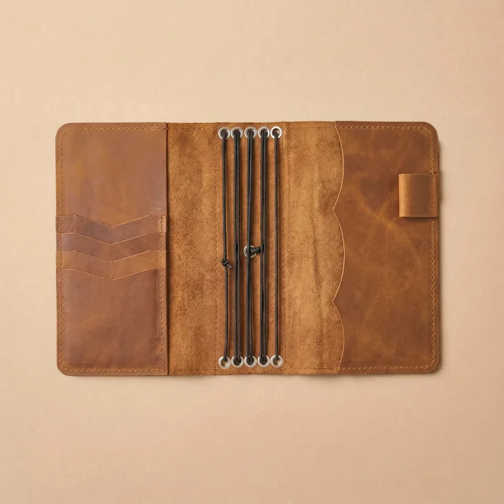 Minimalist leather notebook organizer with five elastic bands inside.