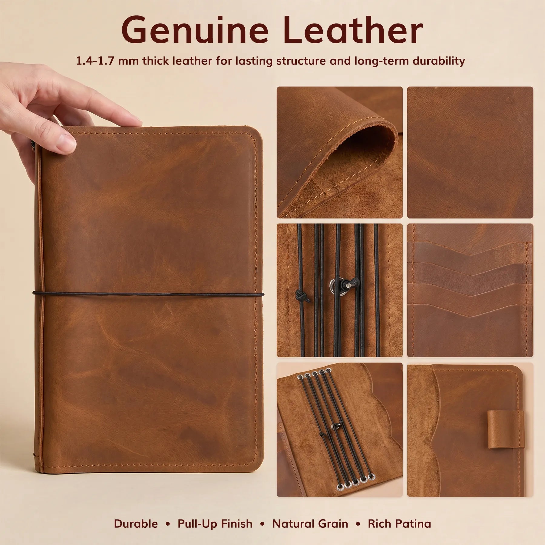 Custom leather traveler's notebook cover with pen holder and multiple pockets