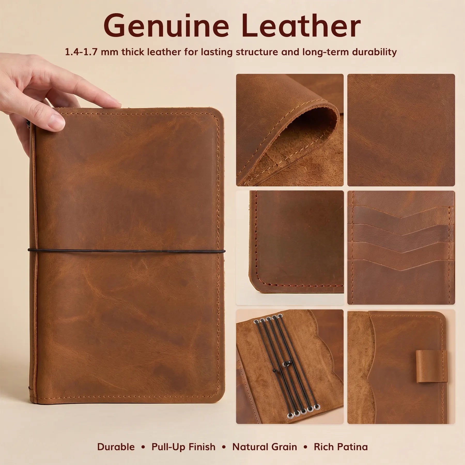 Refillable leather journal cover with card pockets, elastic bands, and handcrafted premium leather finish.