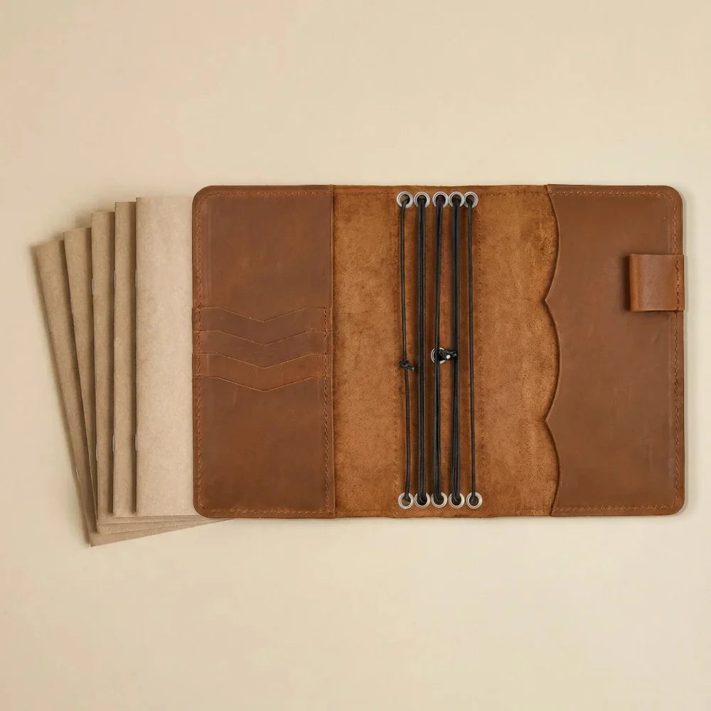 Handmade journal cover with pen loop and multiple inner pockets.