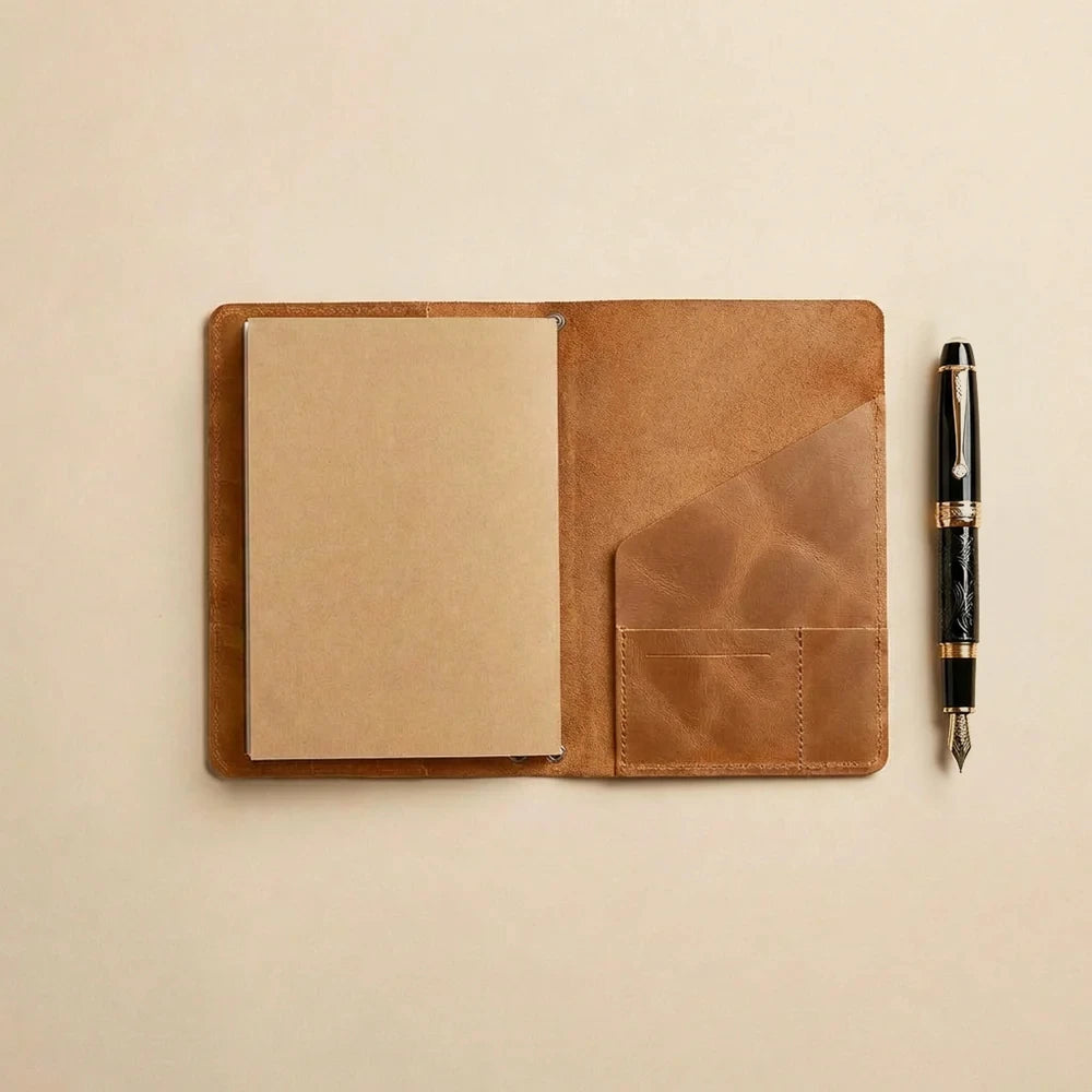 Premium refillable leather cover designed for travel journals with interior card pockets.