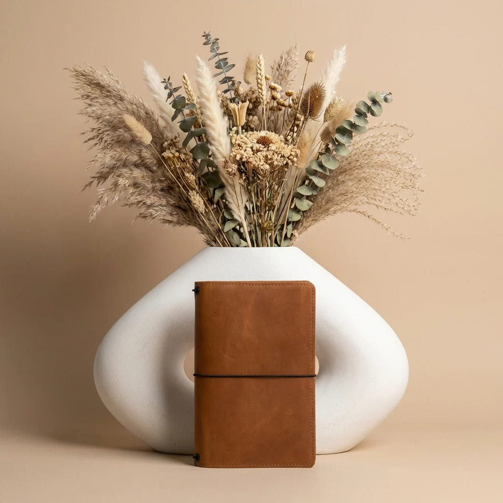 White vase with dried plants and a brown leather notebook on a beige background