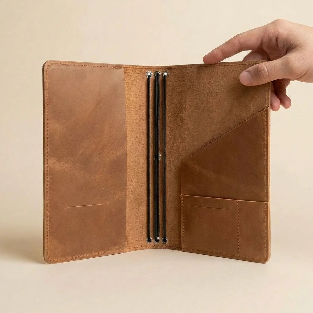 Brown leather journal cover with coins held open by a hand on a beige background