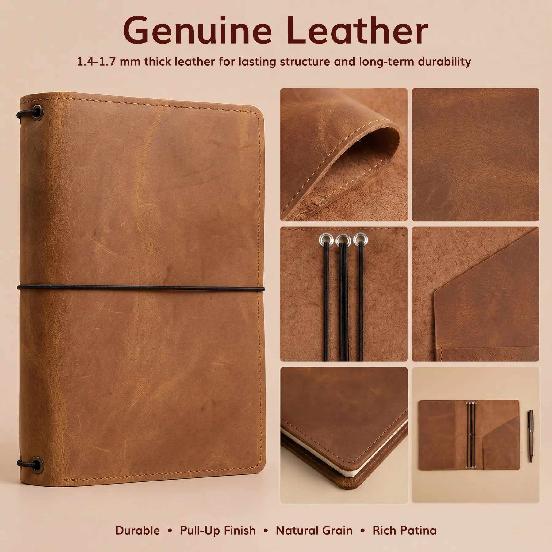 Custom engraved leather notebook organizer with storage pockets and pen holder