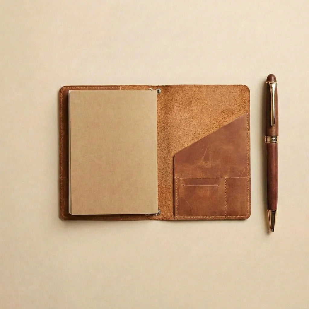 Brown leather notebook with a pen on a beige background