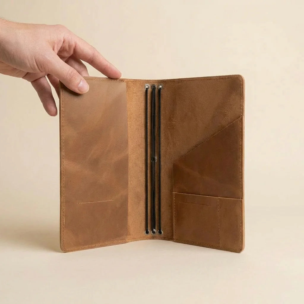 Brown leather journal cover held open by a hand on a beige background