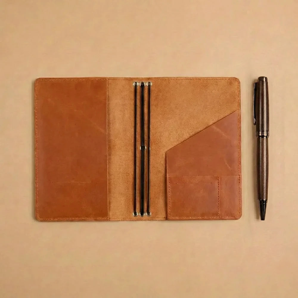 Premium leather journal cover with multiple elastic bands and spacious storage compartments inside.