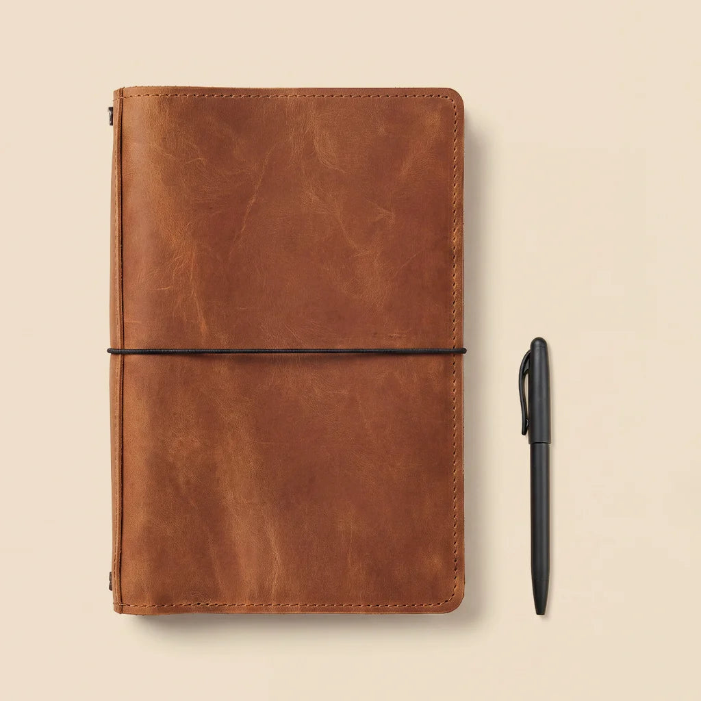 Premium leather refillable notebook cover featuring functional organizer compartments inside.