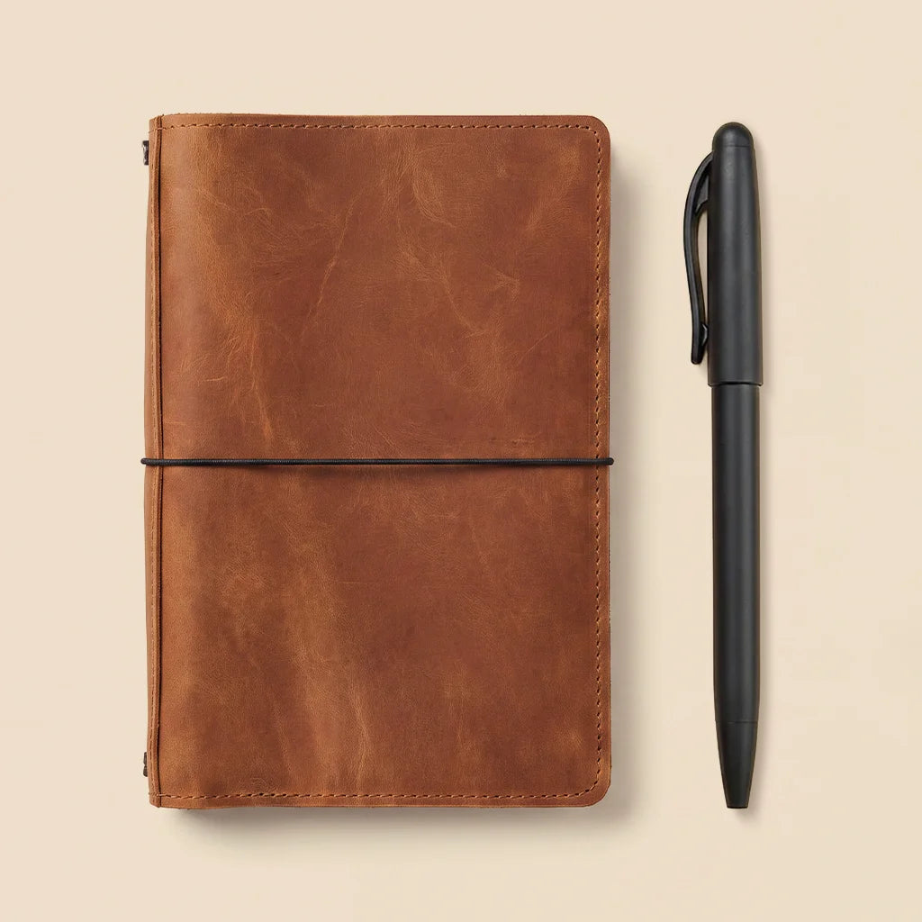 Genuine leather notebook organizer featuring multiple elastic bands and practical storage compartments.