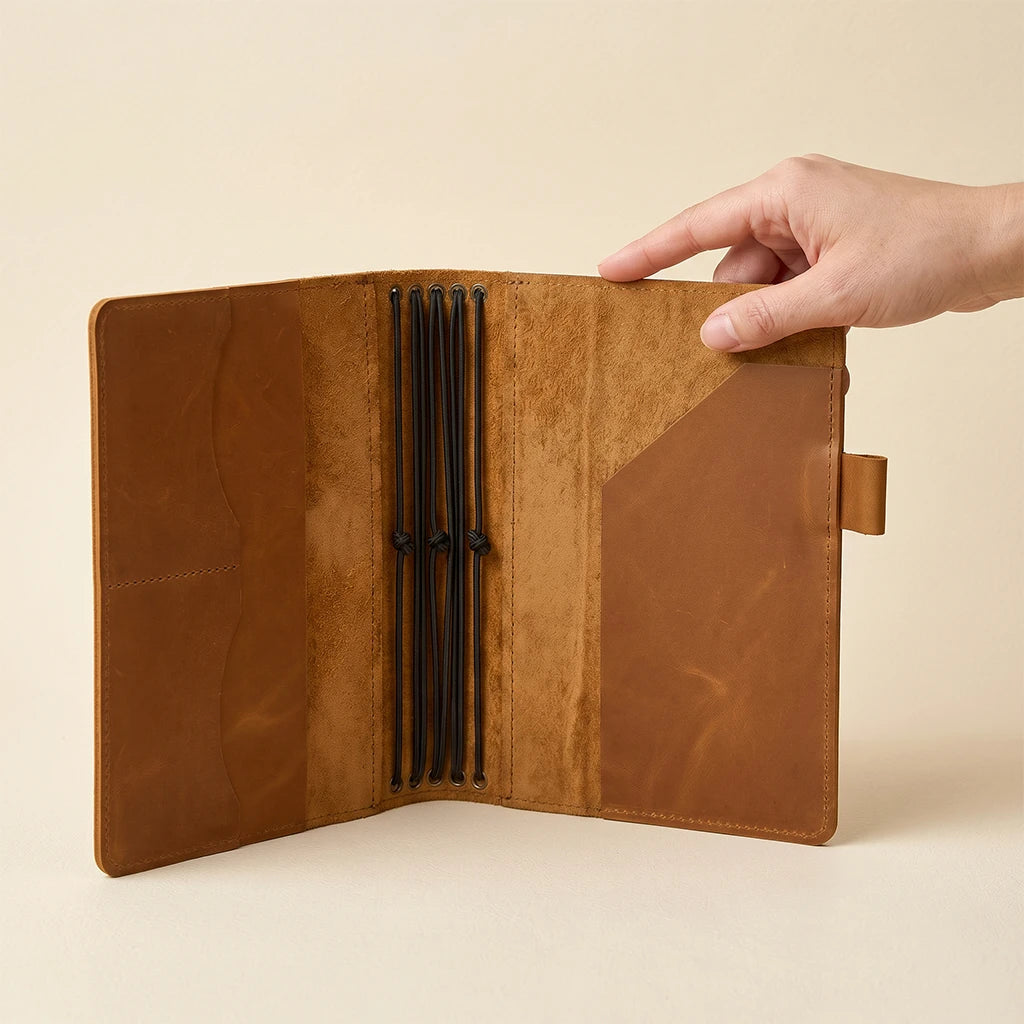 Leather travel notebook cover with five elastic cords and pen holder detail