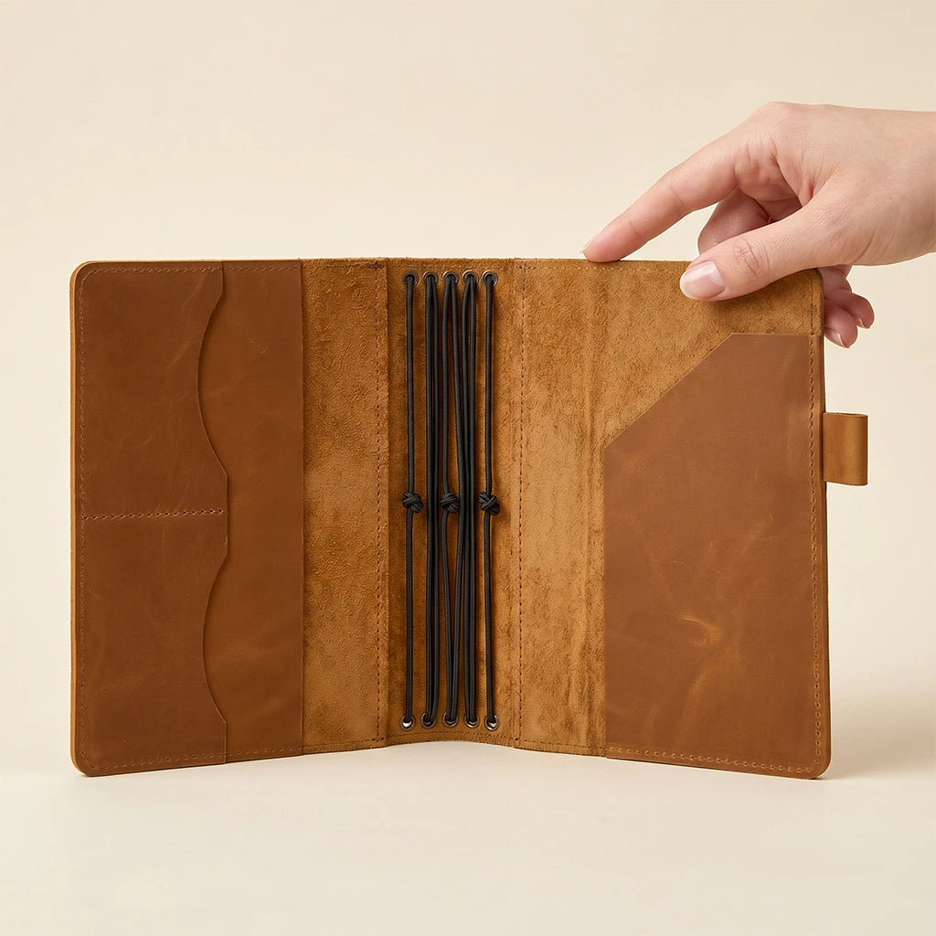 Refillable leather notebook cover with multiple elastic bands for journal inserts