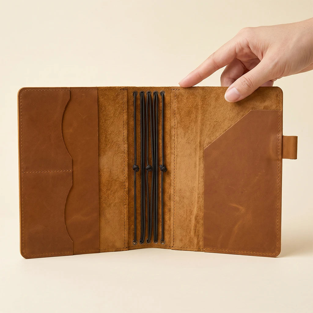 Genuine leather travel journal cover with five elastics and handy pockets