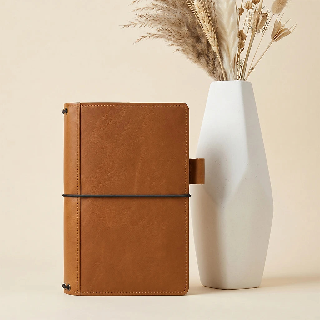 Premium leather journal case with pen loop and five elastic attachments