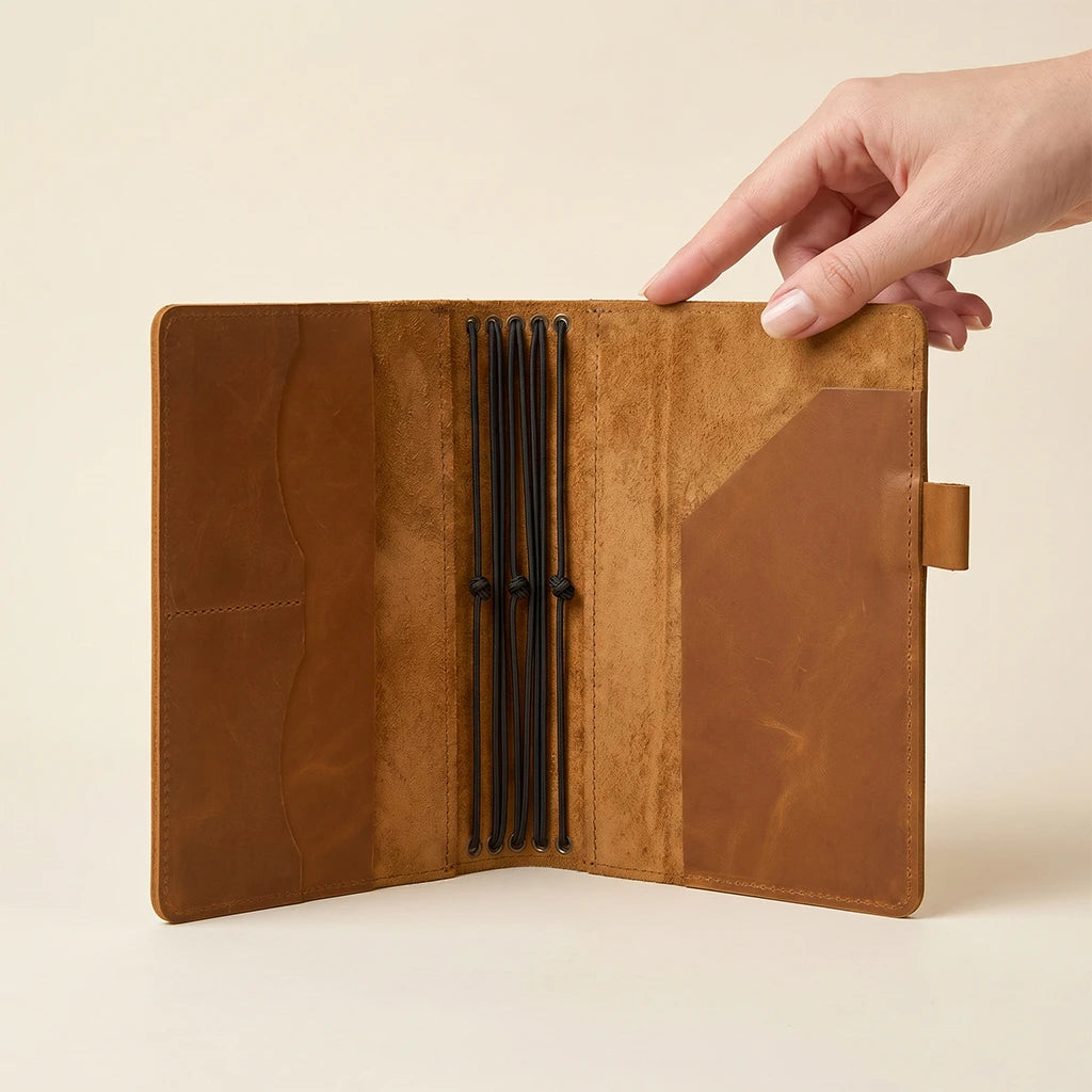 Leather notebook organizer cover designed for refillable journal inserts