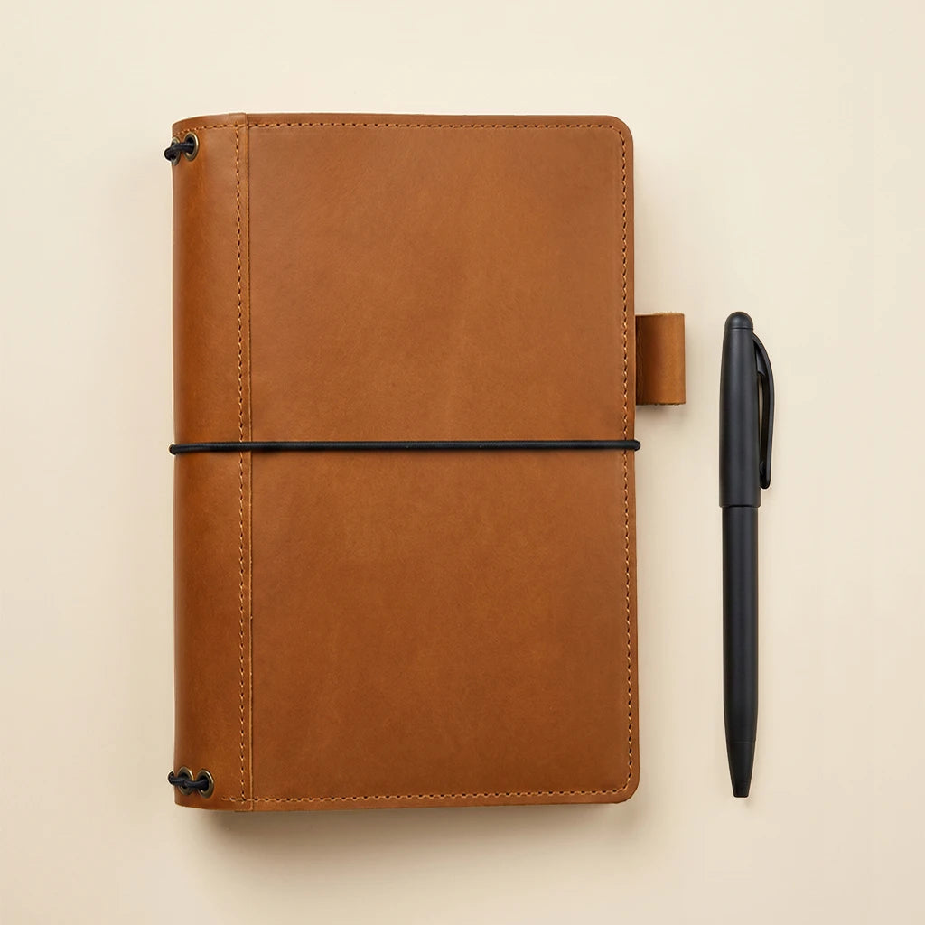 Handmade leather writing cover with storage pockets and elastic notebook bands