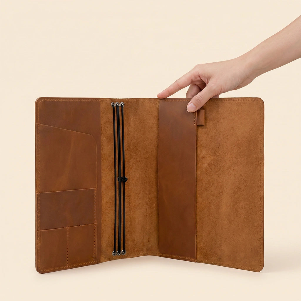 Handcrafted leather notebook wrap with premium organizer pockets and pen carrying feature.