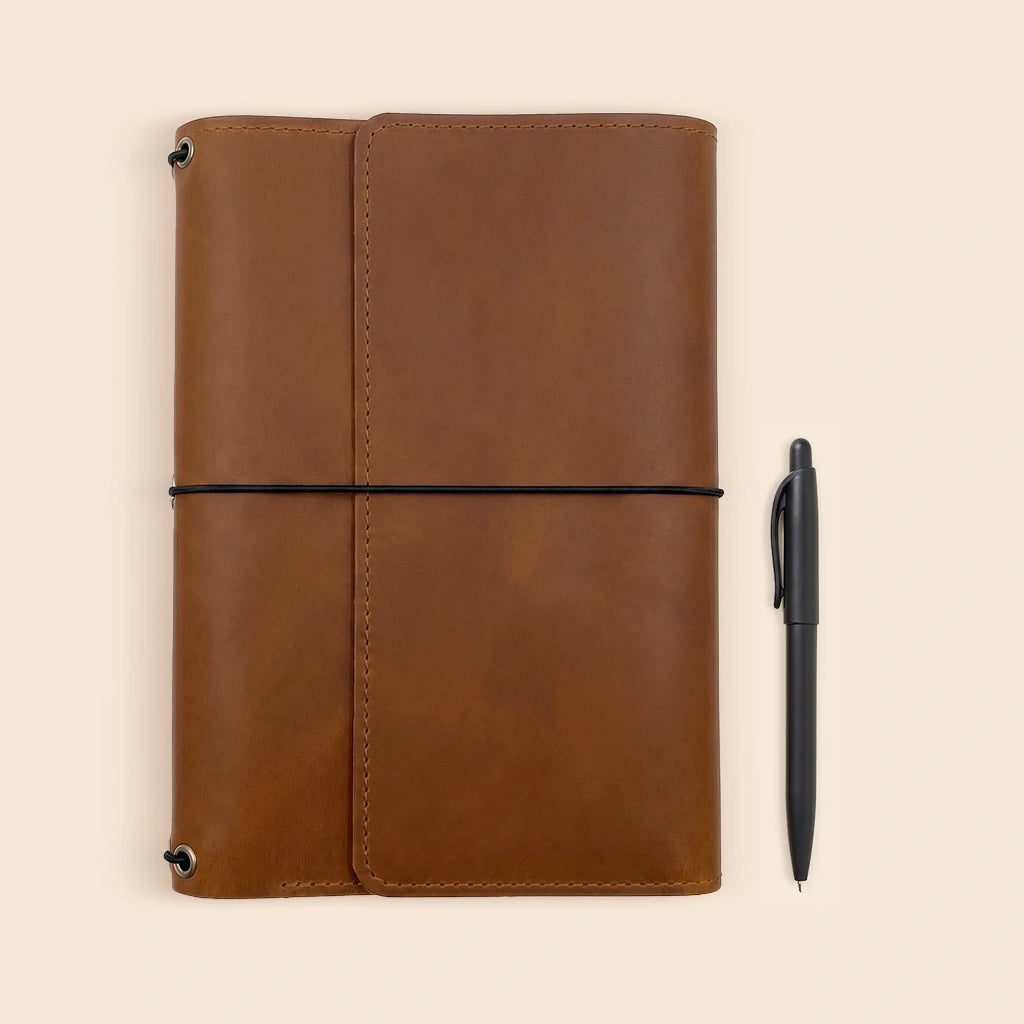 Genuine leather notebook case built for refillable journals and everyday productivity needs.
