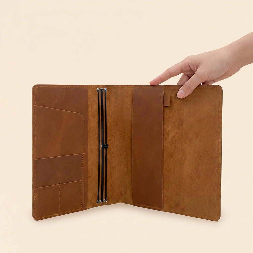 Premium genuine leather notebook wrap with convenient interior card storage pockets.