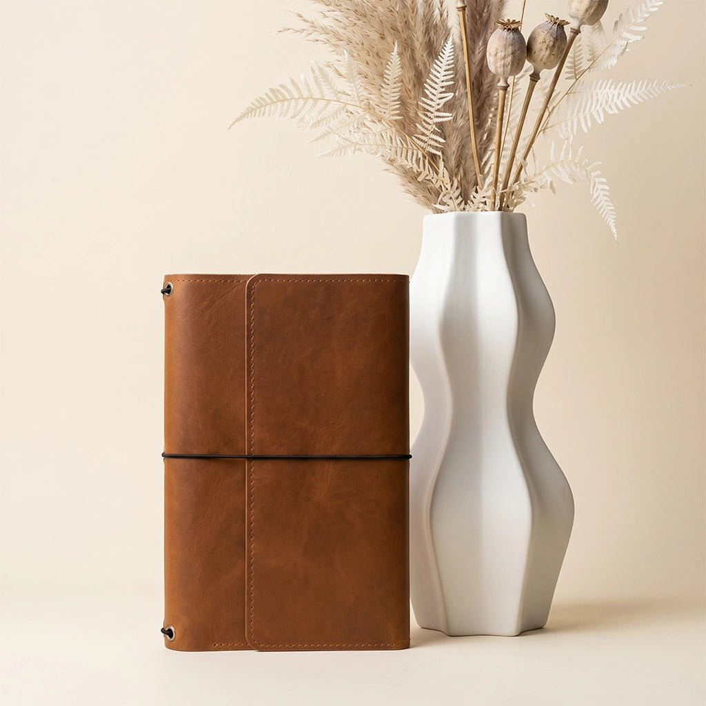 Leather organizer cover providing secure notebook storage and convenient card pockets inside.