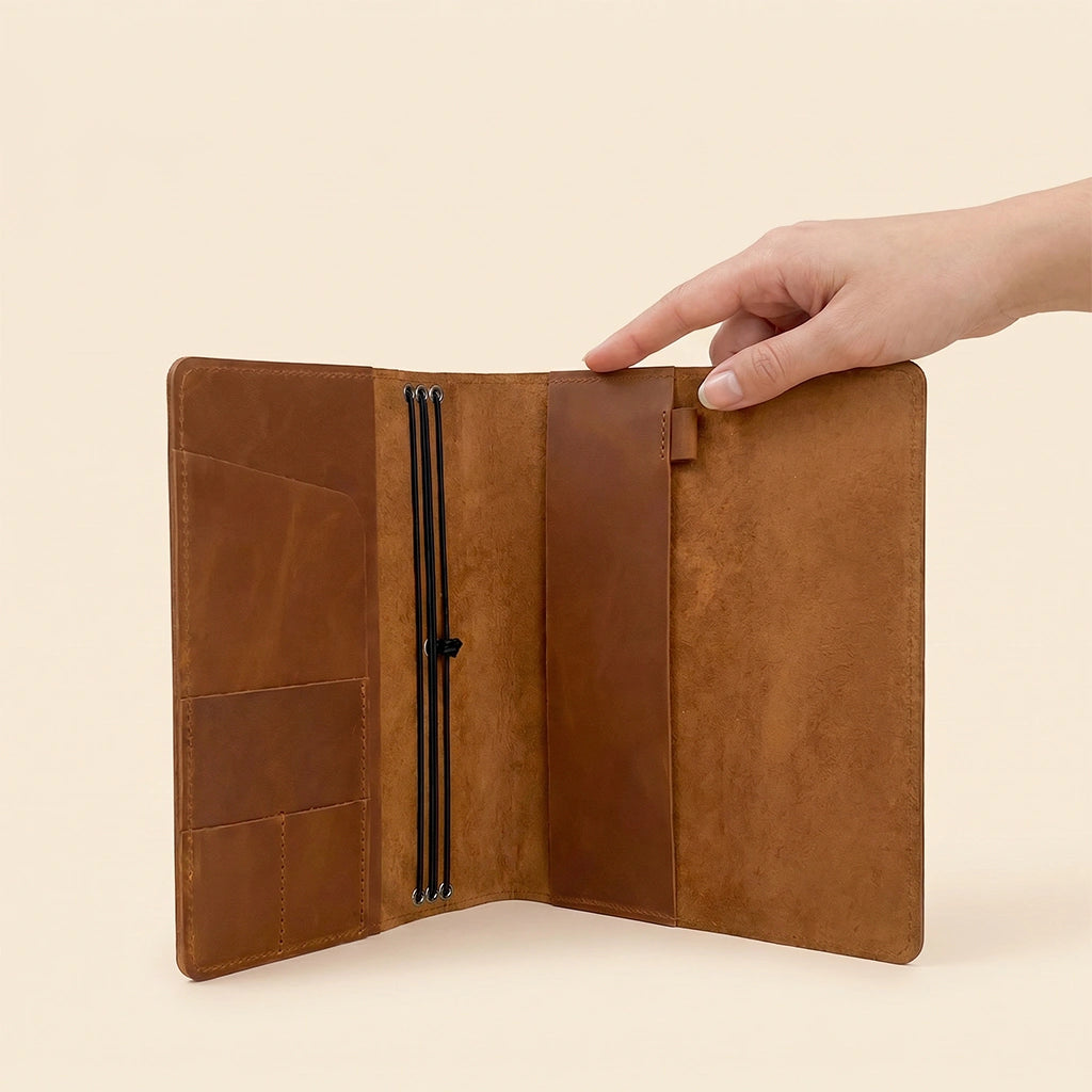Genuine leather notebook portfolio with elegant craftsmanship and refillable notebook attachment.