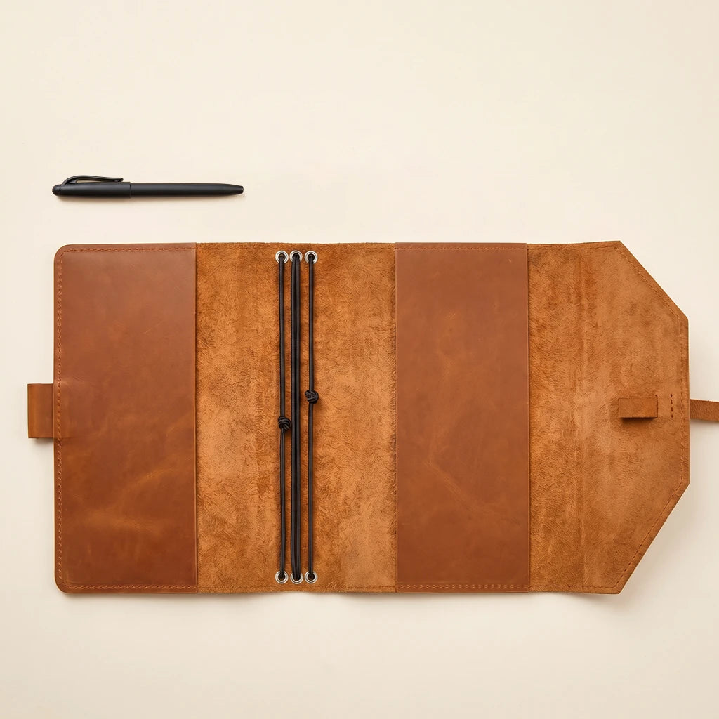 Durable leather notebook protector with flexible closure for everyday carry.