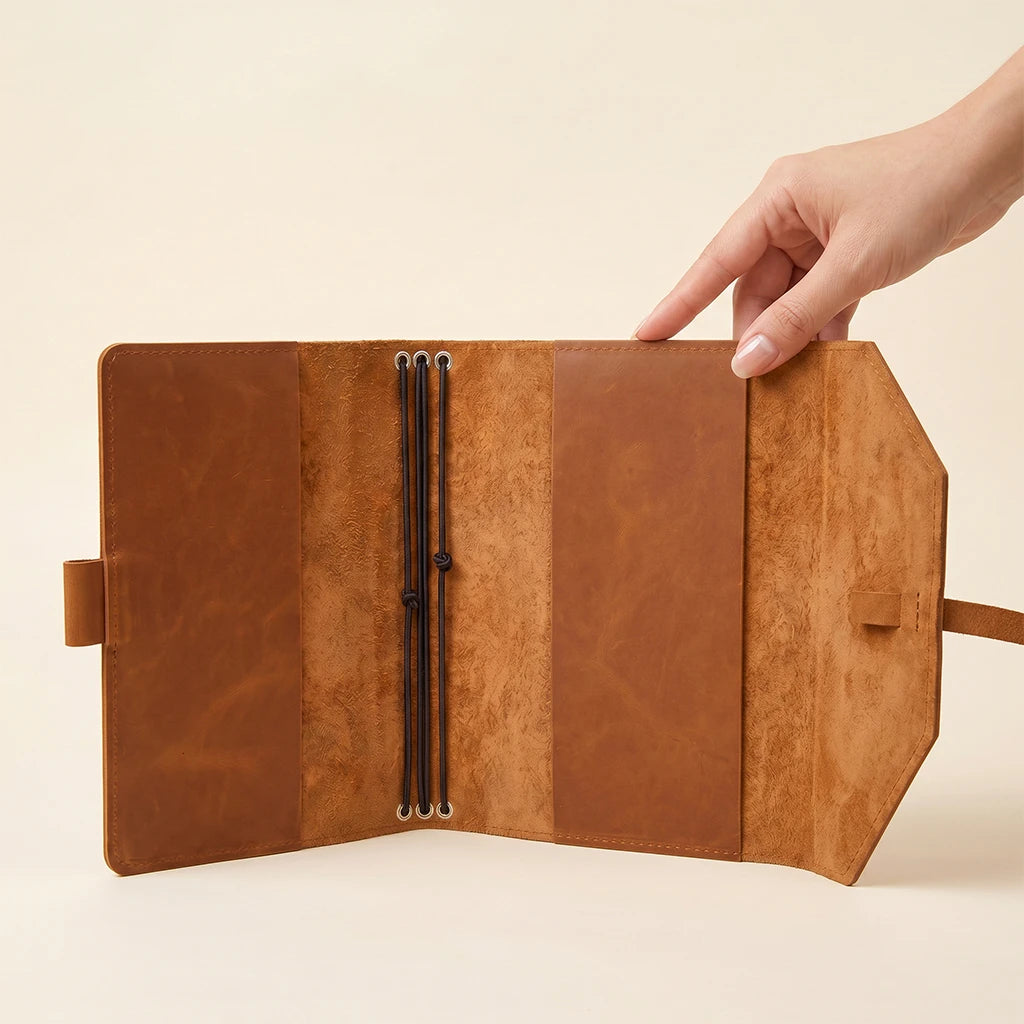 Travel-ready leather notebook cover with secure elastic cords and pen keeper.