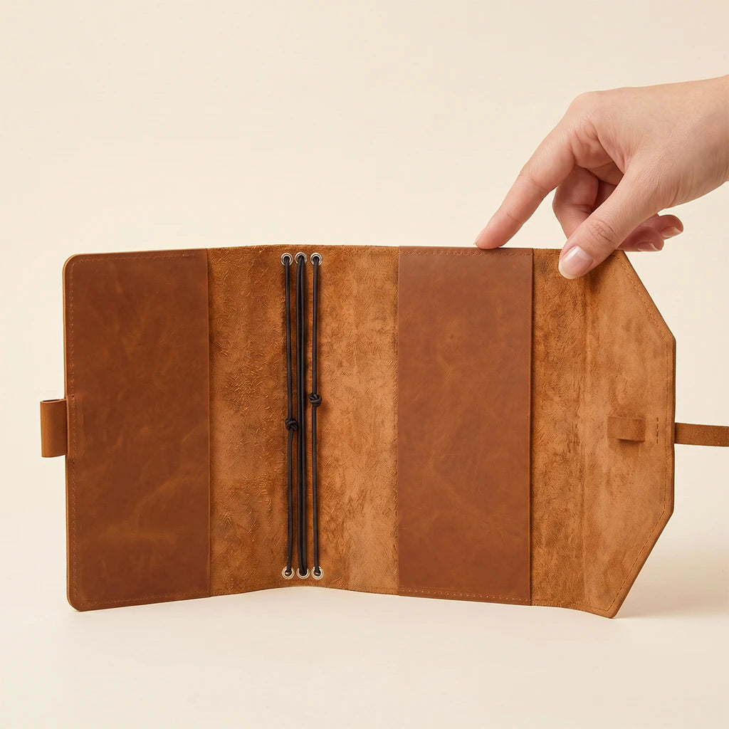 Genuine leather notebook sleeve featuring elastic closure and loop for writing tools.