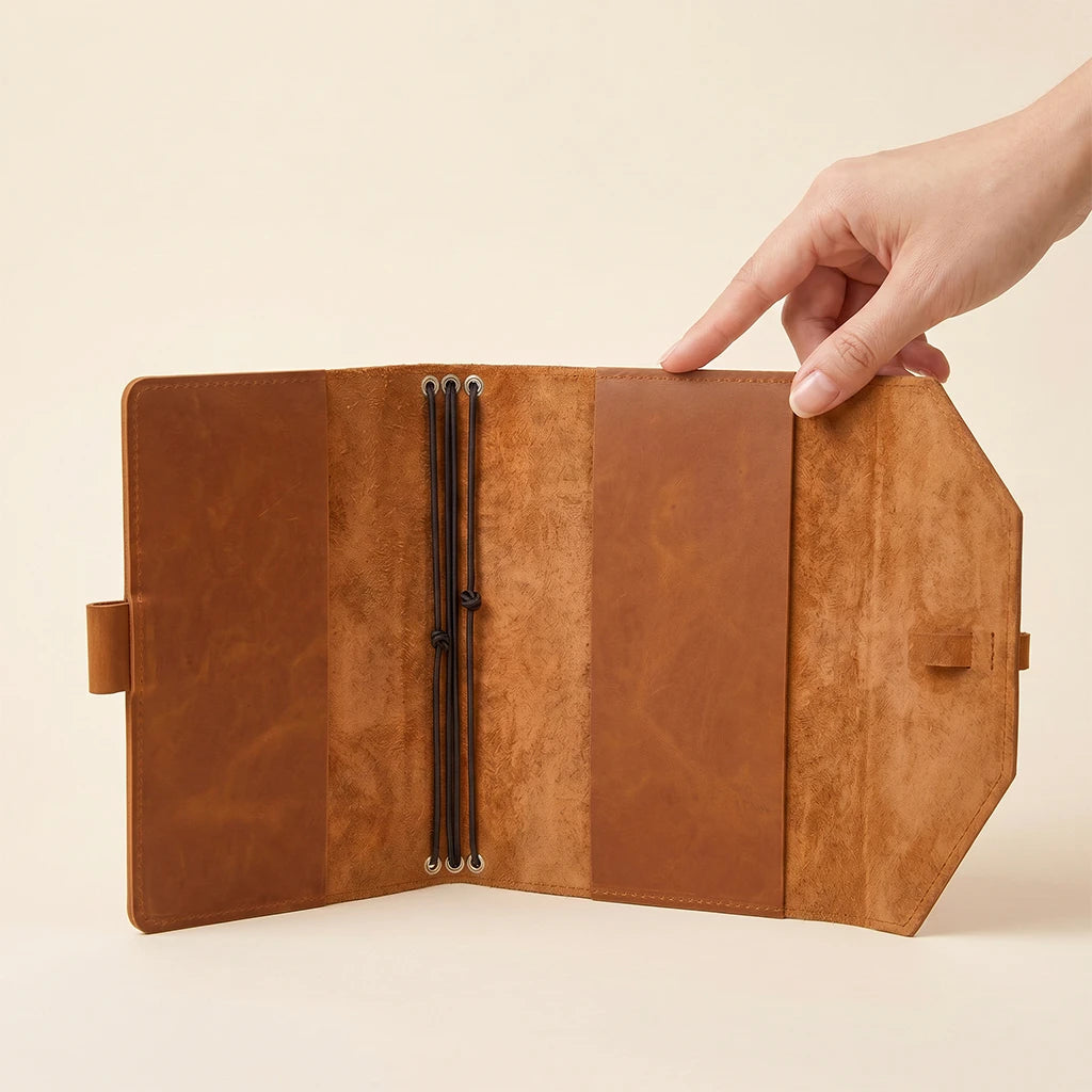 Leather journal cover with practical elastic retention and integrated pen holder.