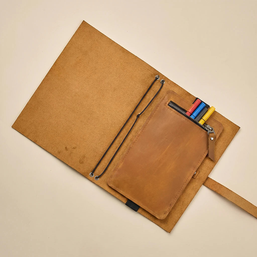 Envelope style leather pocket insert for notebook covers and journals
