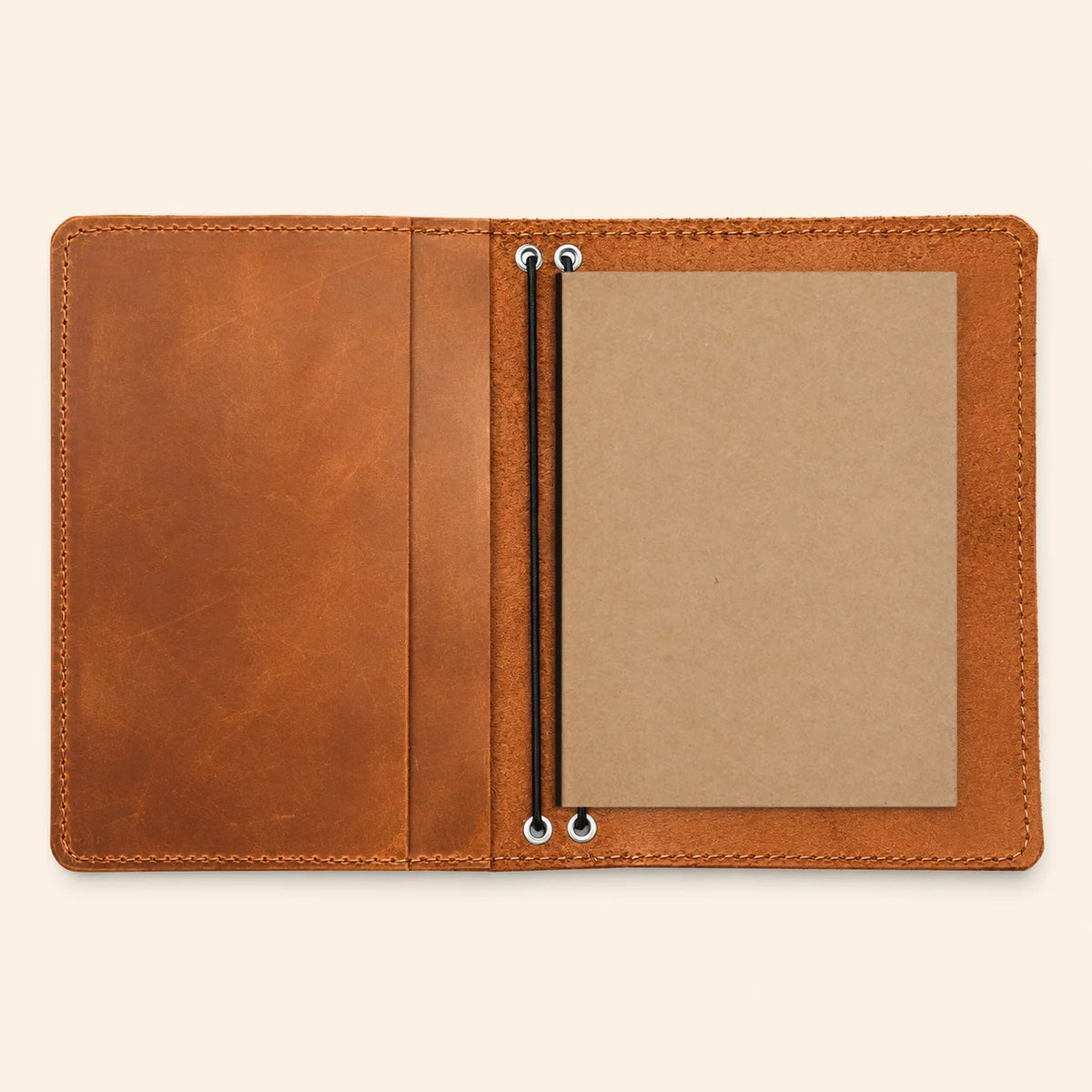 Natural leather organizer cover with rustic finish, two bands, and useful internal compartments