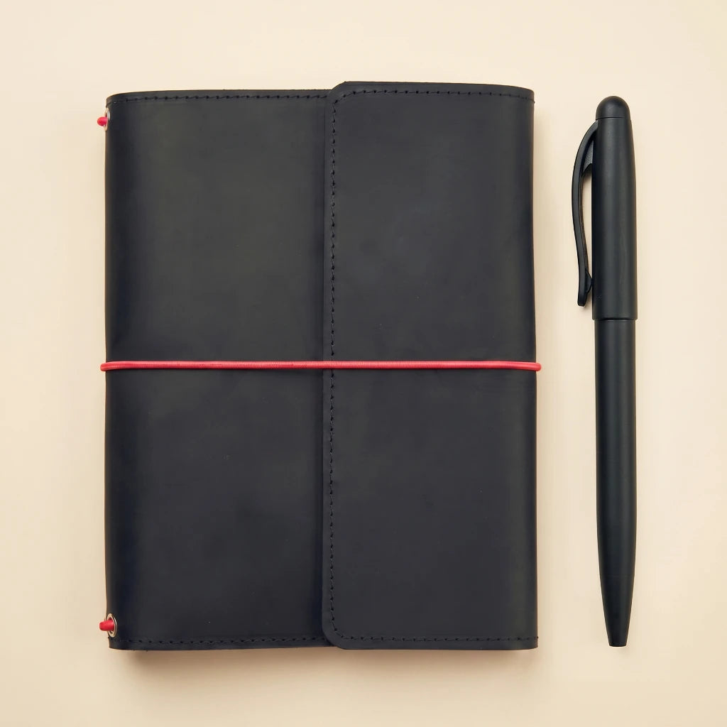 Leather notebook organizer with elastic closure and handmade vintage design