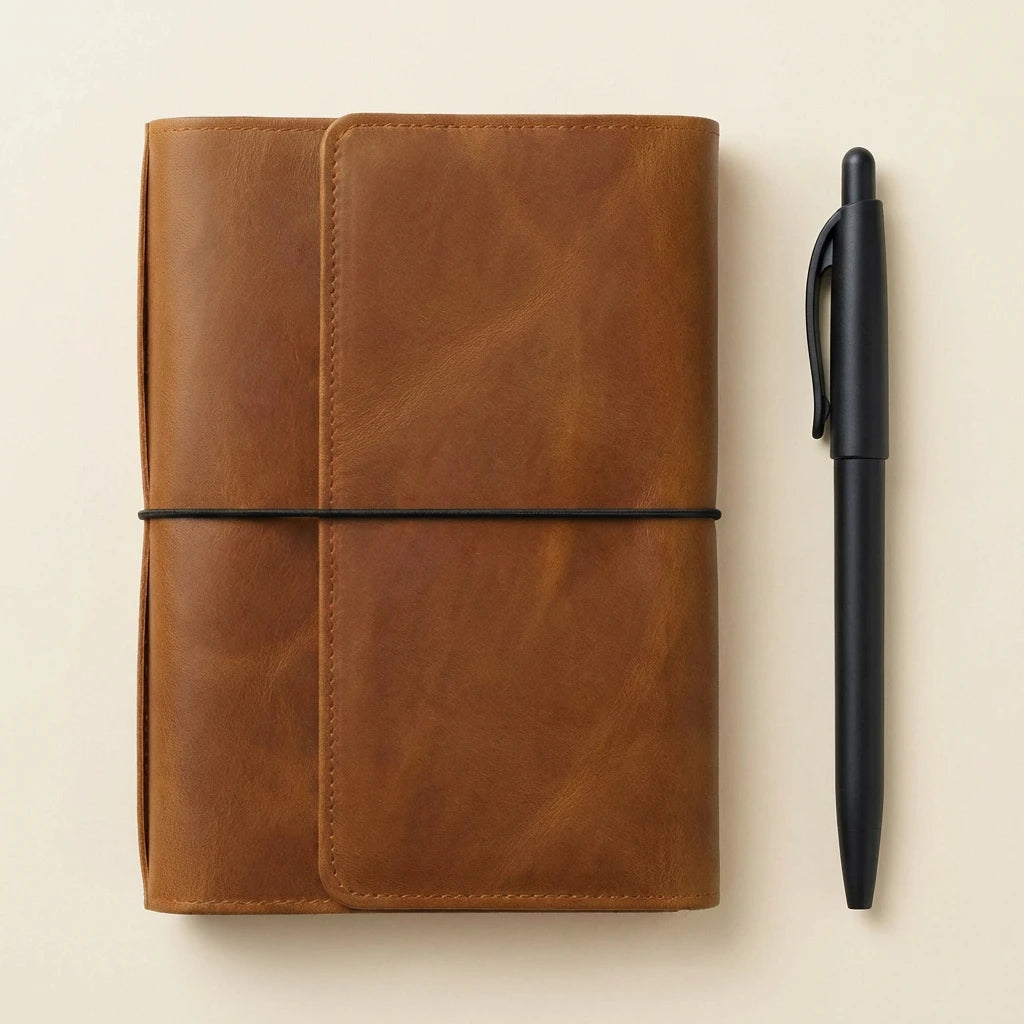 Brown leather notebook with a black pen on a beige background