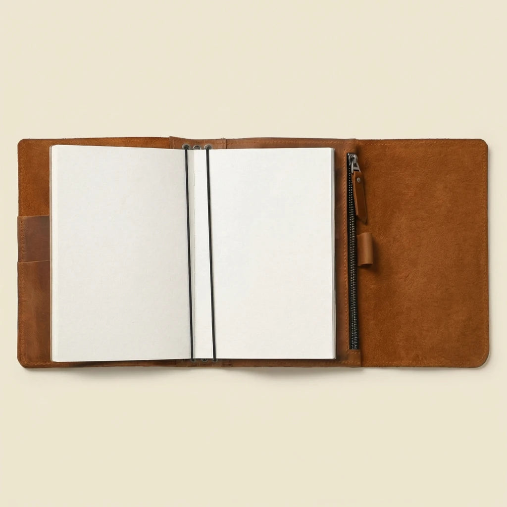 Brown leather notebook with a zipper on a beige background