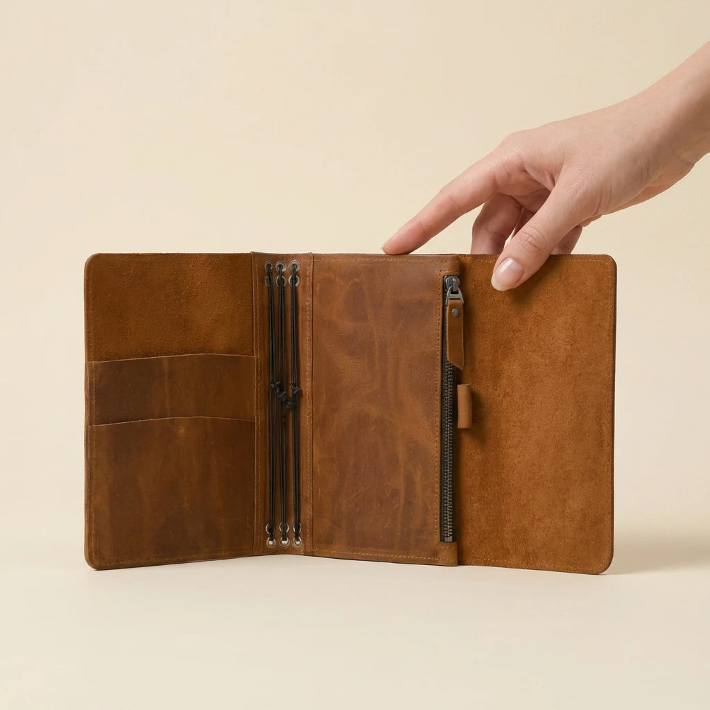 Brown leather journal with zippers held open by a hand on a beige background