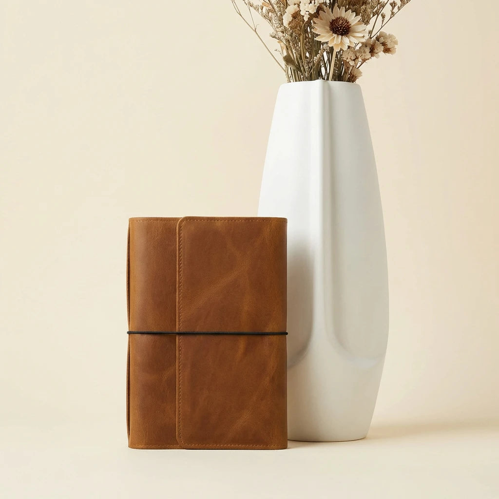 Brown leather notebook next to a white vase with dried flowers on a beige background