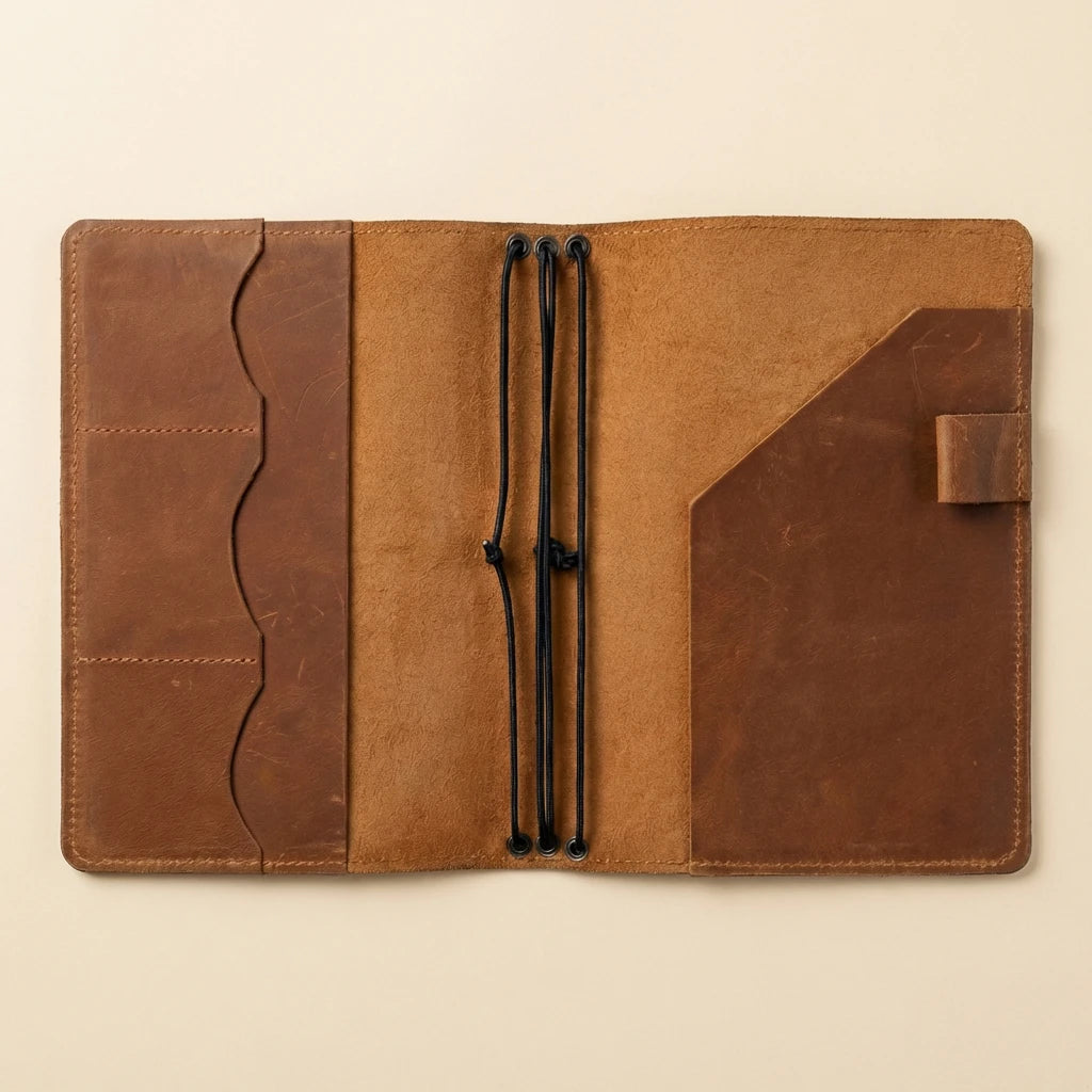Brown leather case with a strap on a beige background