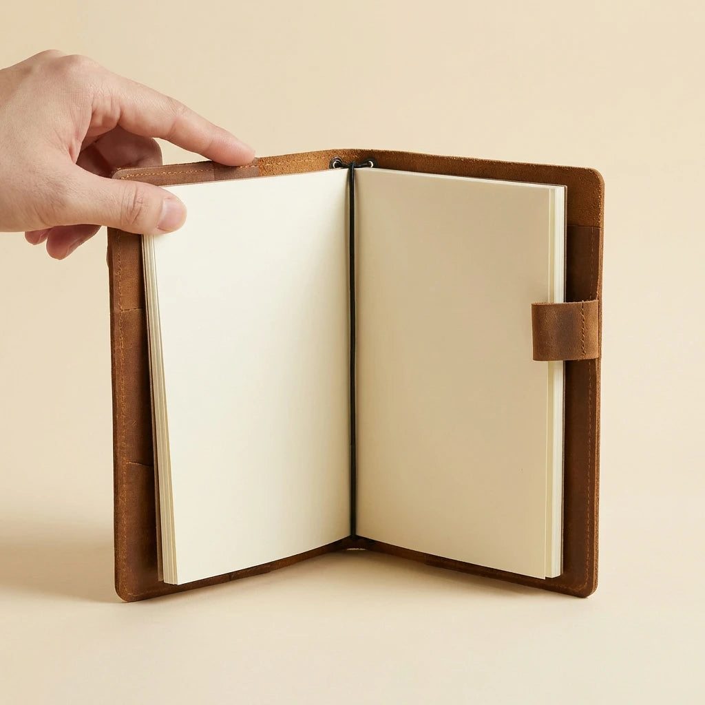 Hand holding a open leather-bound notebook with beige pages on a beige background