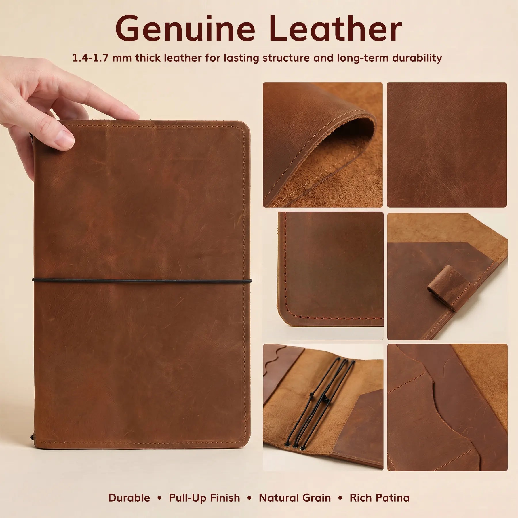 Refillable leather planner cover with interior card pockets, elastic notebook holders, and pen loop.