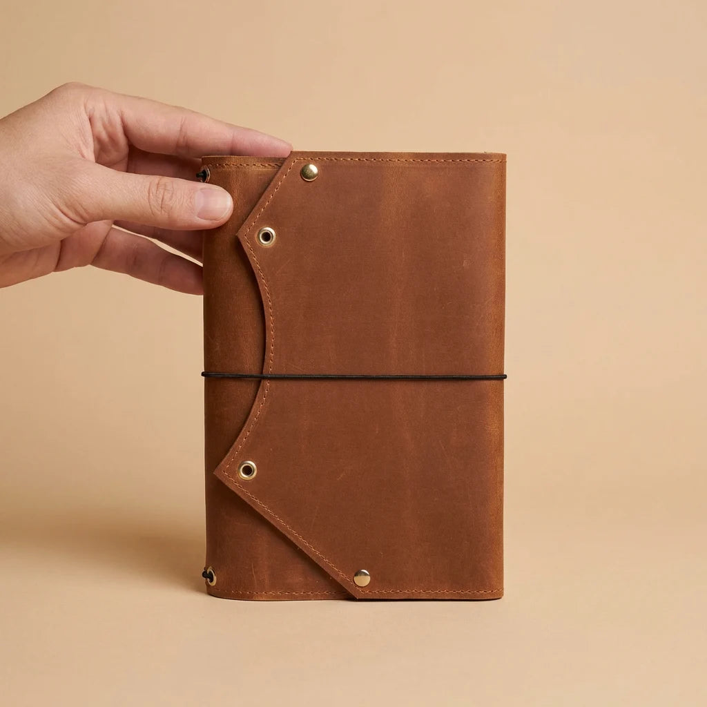 Brown leather notebook held by a hand against a beige background