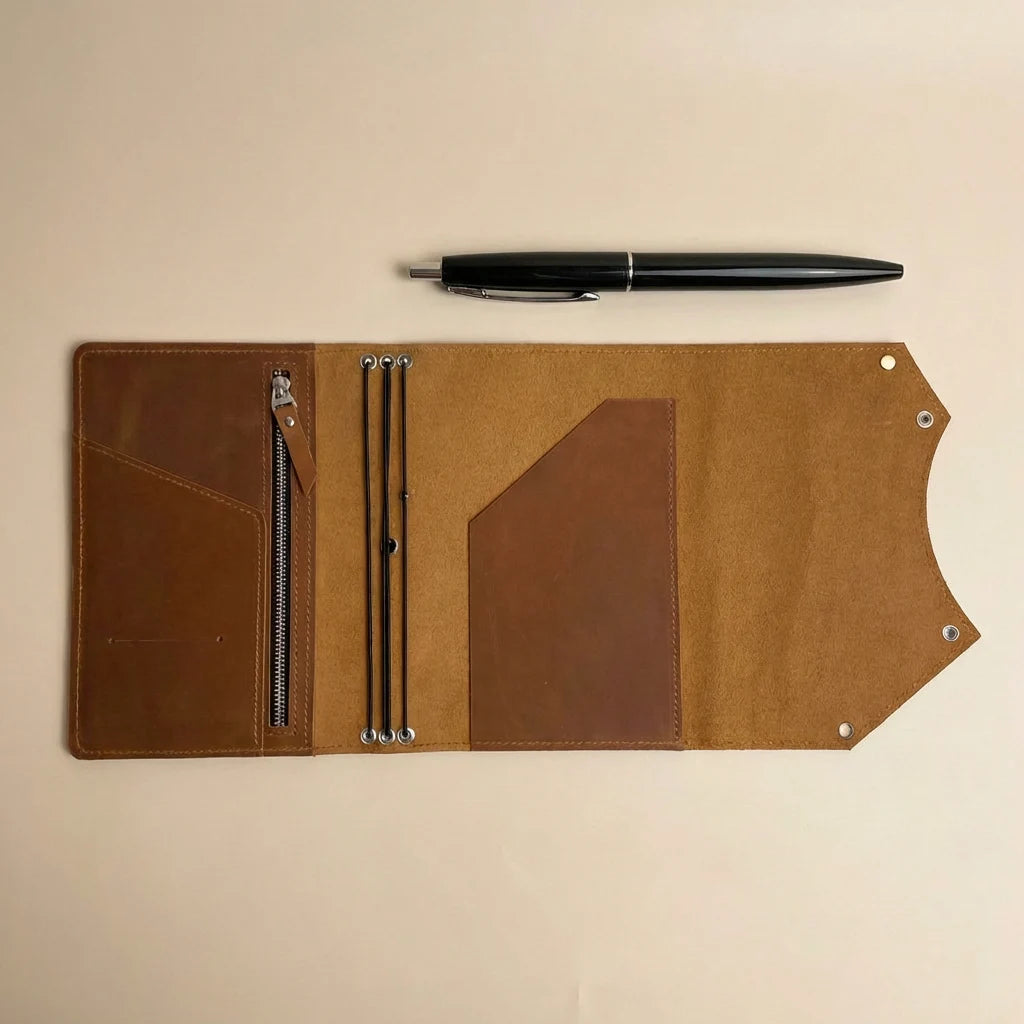 Brown leather journal cover with pen on a beige background
