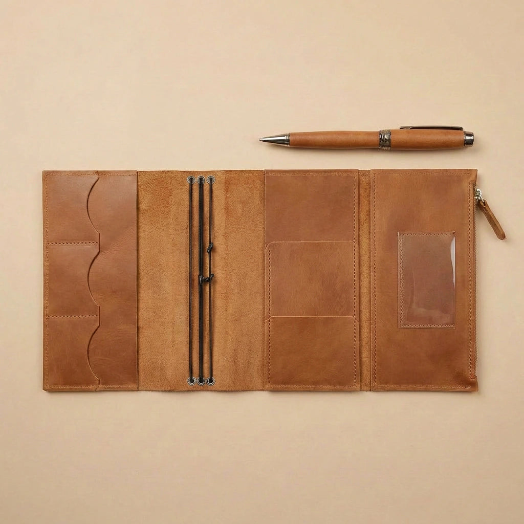 Brown leather journal cover with pen on a beige background