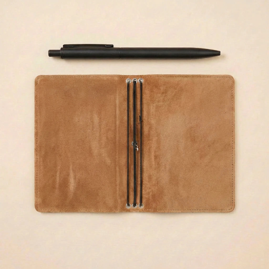Brown leather journal cover with pen on a beige background