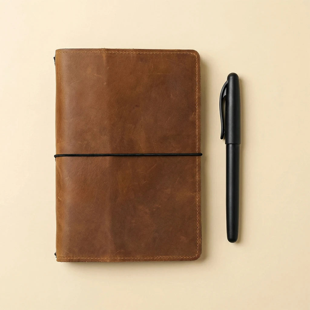 Brown leather notebook with a black pen on a beige background