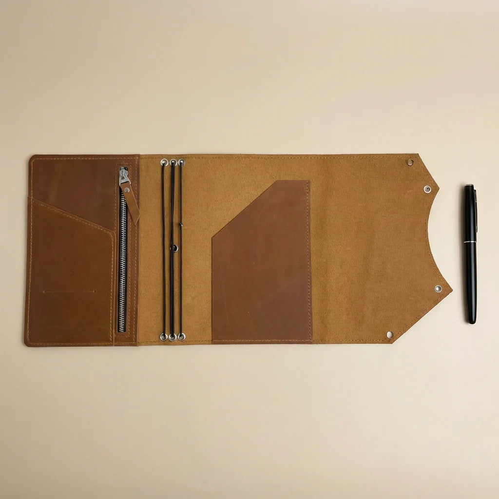 Brown leather journal cover with pen on a beige background