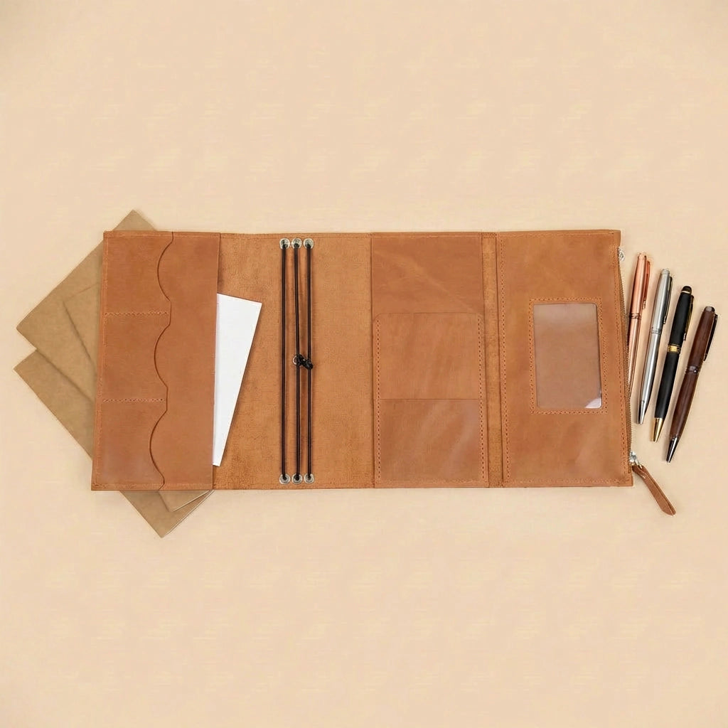 Brown leather organizer with stationery items on a beige background