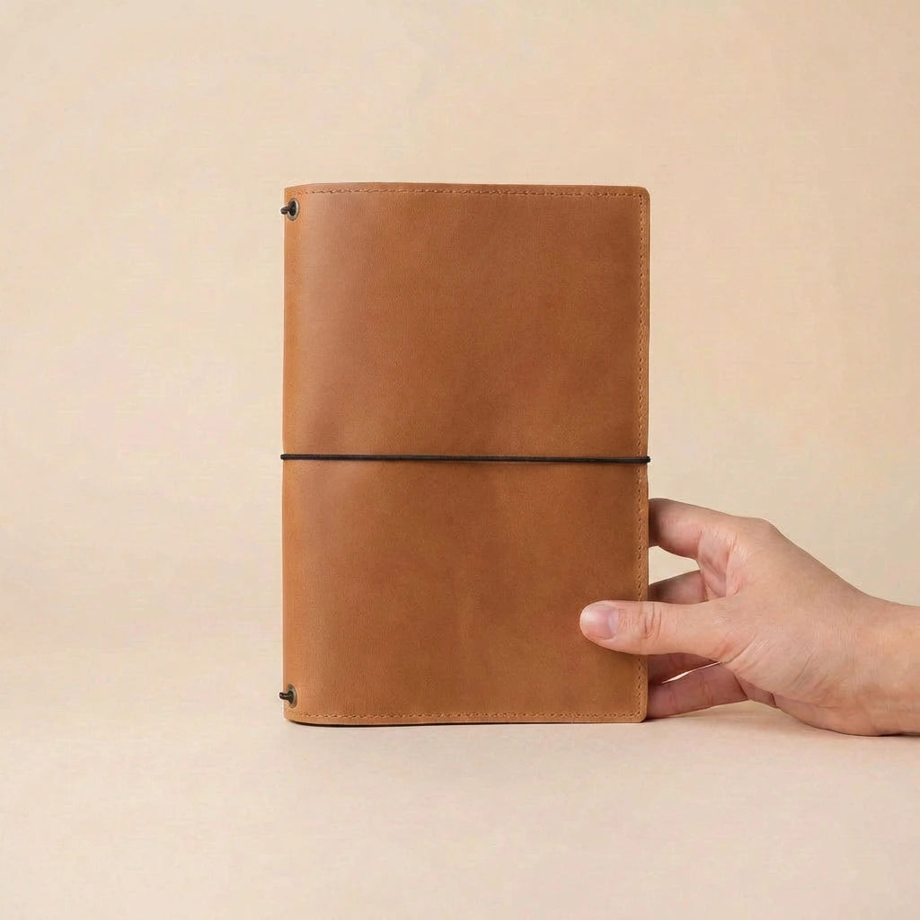 Brown leather notebook held by a hand against a beige background