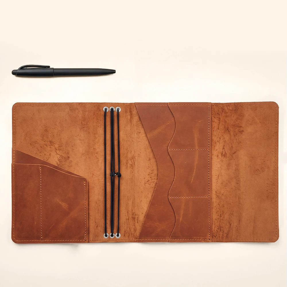 Genuine leather writing journal organizer with handcrafted quality and practical accessory pockets.