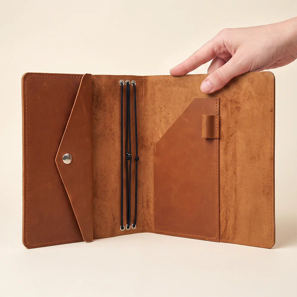 Stylish leather journal organizer featuring three elastic bands and spacious inside storage pockets.