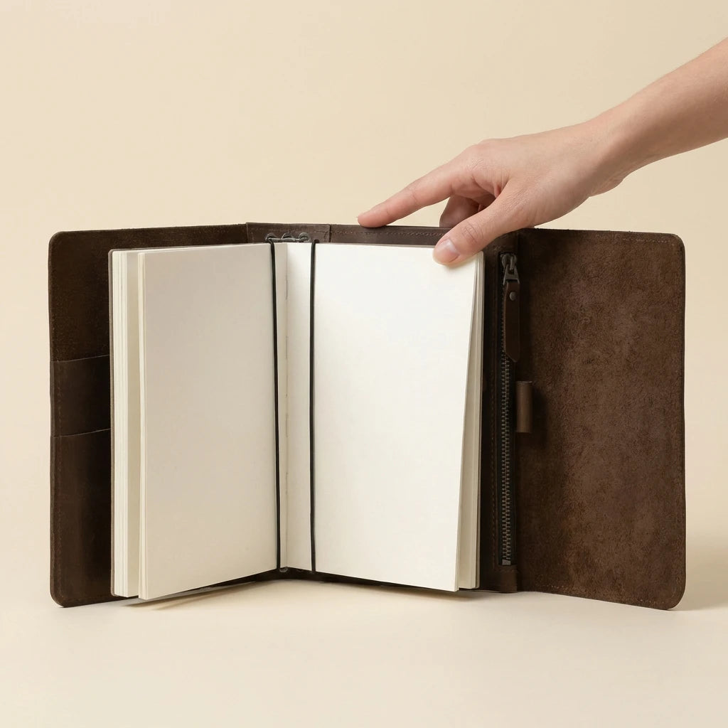 Brown leather notebook with a hand opening it on a beige background