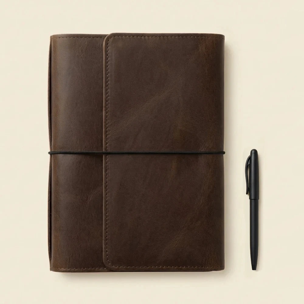 Vintage leather notebook cover with multiple elastic bands and functional organizer pockets.